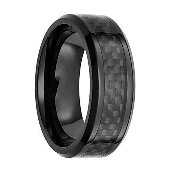 Mens Black Tungsten Wedding Ring w/ Carbon Fiber Inlay Beveled Edges - 8mm