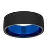 Men’s Black Tungsten Wedding Ring With Brushed Finish & Blue Inside - 8 mm