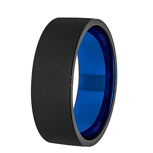 Men’s Black Tungsten Wedding Ring With Brushed Finish & Blue Inside - 8 mm