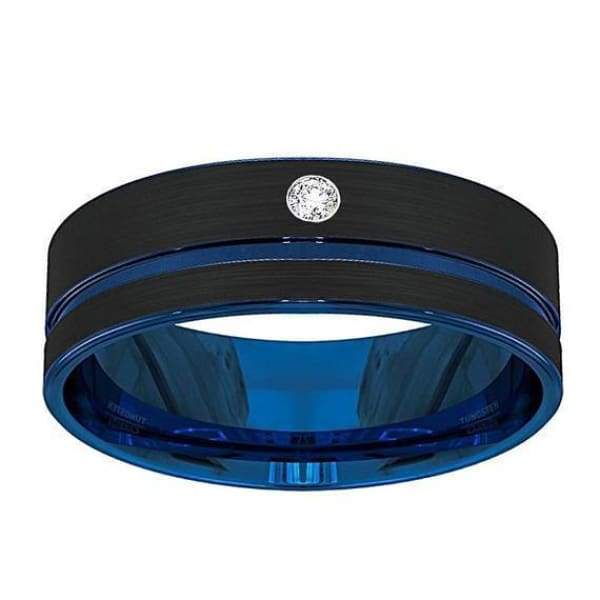 Mens Blue Grooved Center Tungsten Wedding Band With Cubic Zirconia Setting - 8 mm