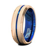 Mens Blue Grooved Tungsten Ring with Rose Gold Inlay Beveled Edges- 6mm & 8 mm