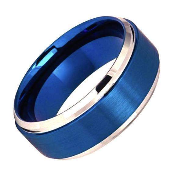 Men’s Blue Tungsten Carbide Ring Brushed Center Stepped Beveled Edge - 9mm