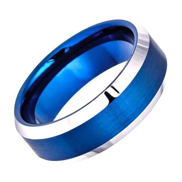Mens Blue Tungsten Wedding Ring Brushed High Polish Beveled Edge - 6mm & 8mm