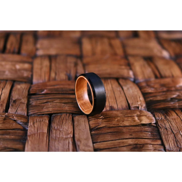 Men’s Brushed Black Tungsten Ring With Whiskey Barrel Wood Sleeve 8mm