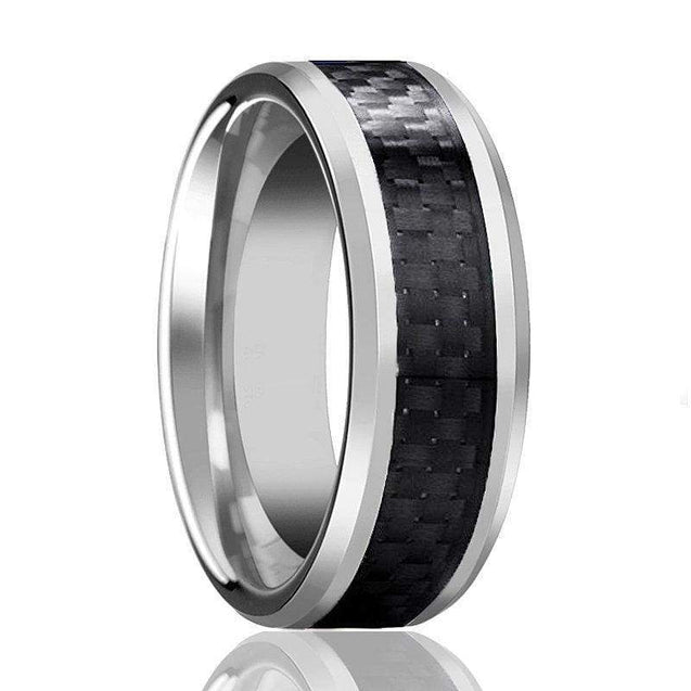 Mens Carbide Tungsten Wedding Ring High Polish with Black Carbon Fiber Inlay - 6mm & 8mm