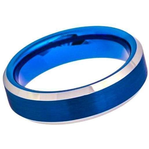 Mens Carbide Wedding Tungsten Ring High Polish Beveled Edge Blue IP Brushed Center - 6mm