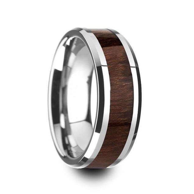 Men’s Carpathian Wood Inlaid Tungsten Wedding Band With Polished Beveled Edges 8mm