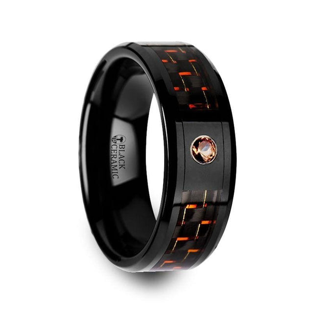 Men’s Ceramic Ring With Black & Orange Carbon Fiber And Padparadscha Setting - 8mm