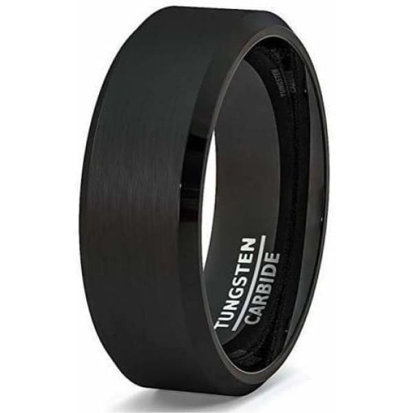 Men’s Classic Black Tungsten Carbide Ring With Beveled Edges & Brushed Center - 8mm
