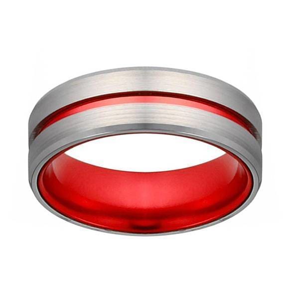 Mens Classic Grooved Silver And Red Tungsten Wedding Band With Beveled Edges - 8mm