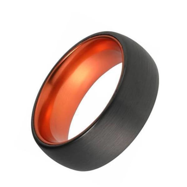 Men’s Domed Black Tungsten Ring With Atomic Orange Inside & Brushed Finish 6mm 8mm