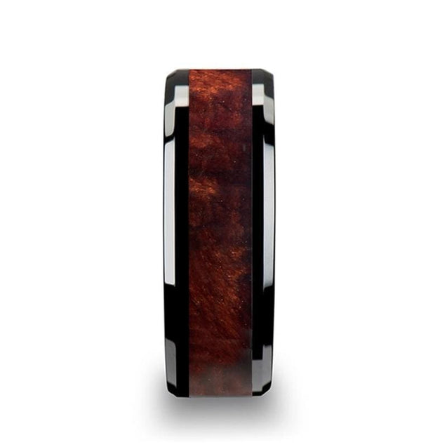 Men’s Exotic Redwood Inlaid Black Ceramic Ring With Beveled Edges 8mm