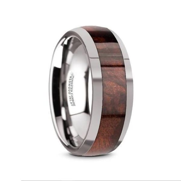 Men’s Exotic Redwood Inlaid Tungsten Carbide Ring W/ High Polished Edges - 8mm
