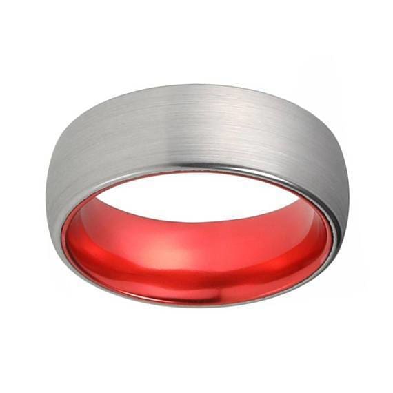 Mens Fire Red Tungsten Wedding Ring Silver Brushed - 8mm