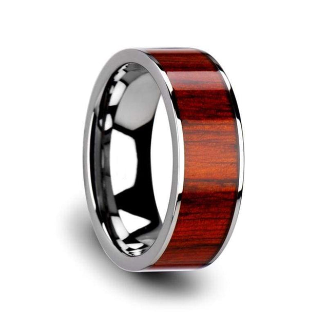 Men’s Flat Tungsten Carbide Wedding Ring With Real Padauk Wood Inlay 8mm