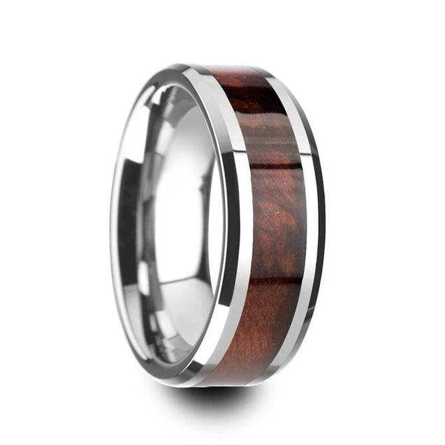 Men’s Genuine Red Wood Inlaid Tungsten Wedding Ring With Beveled Edges - 8mm