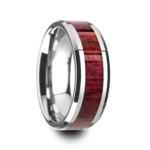Men’s Purpleheart Wood Inlaid Tungsten Wedding Band With Beveled Edges 8mm