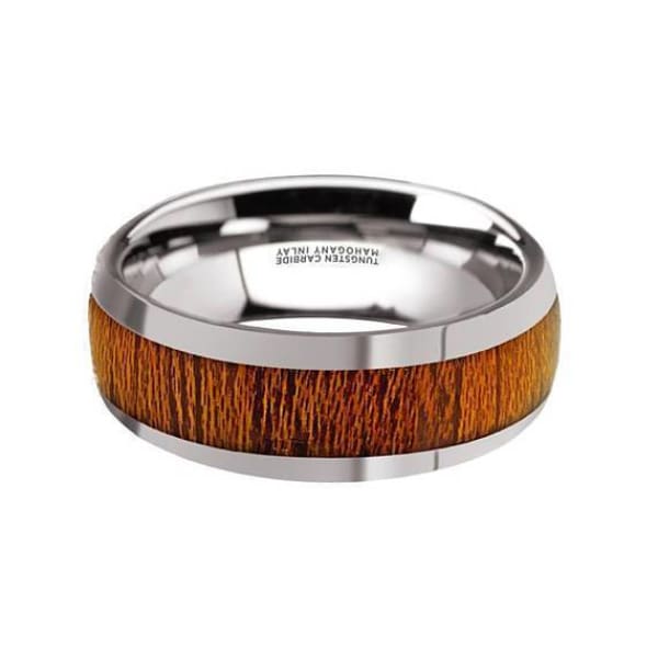 Men’s Round Mahogany Wood Inlaid Tungsten Wedding Ring Polish Finish - 8mm