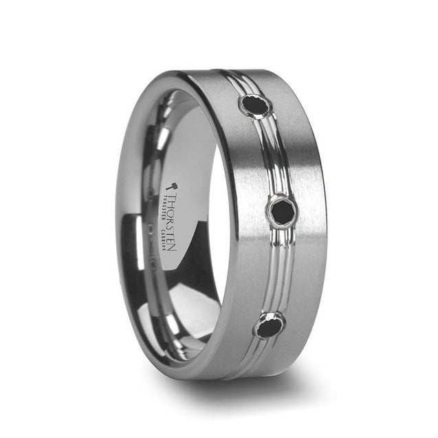 Men’s Satin Finished Tungsten Ring Grooved Center And Triple Black Diamonds 8mm