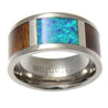 Mens Titanium Band Genuine Hawaiian Koa Wood Inlay Opal Comfort Fit Ring - 10mm
