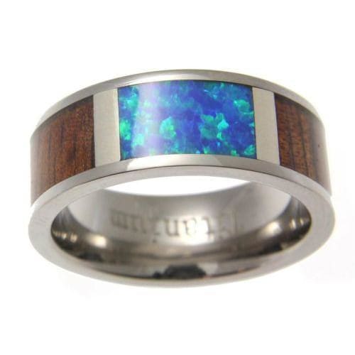 Mens Titanium Band Genuine Hawaiian Koa Wood Inlay Opal Comfort Fit Ring - 8mm