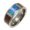 Mens Titanium Band Genuine Hawaiian Koa Wood Inlay Opal Comfort Fit Ring - 8mm