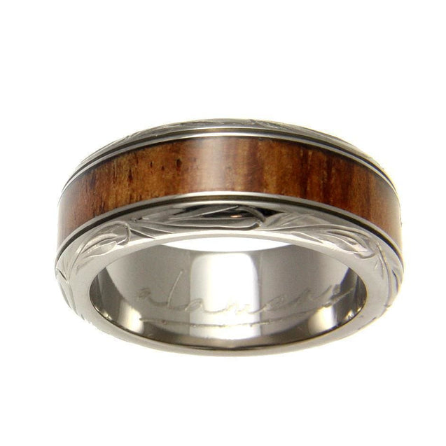 Mens Titanium Scroll Wedding Band Genuine Inlay Hawaiian Koa Wood Ring - 8mm