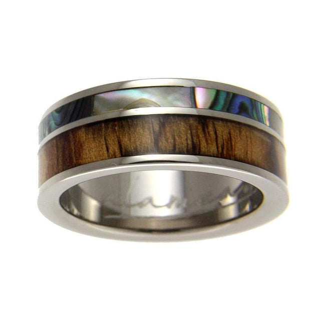 Mens Titanium Wedding Band Genuine Inlay Hawaiian Koa Wood Abalone Ring - 8mm