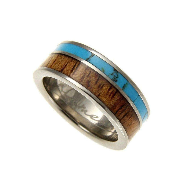 Mens Titanium Wedding Band Genuine Inlay Hawaiian Koa Wood Turquoise Ring - 8mm