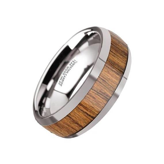 Men’s Tungsten Carbide Wedding Band With Teak Wood Inlay High Polish Edges - 8 mm