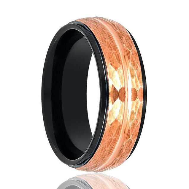 Mens Tungsten Ring Two-Tone Black Inside & Rose Gold Hammered Finish - 8mm