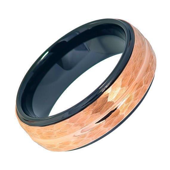 Mens Tungsten Ring Two-Tone Black Inside & Rose Gold Hammered Finish - 8mm