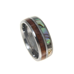 Mens Tungsten Wedding Band Abalone Hawaiian Koa Wood Comfort Fit Ring - 8mm