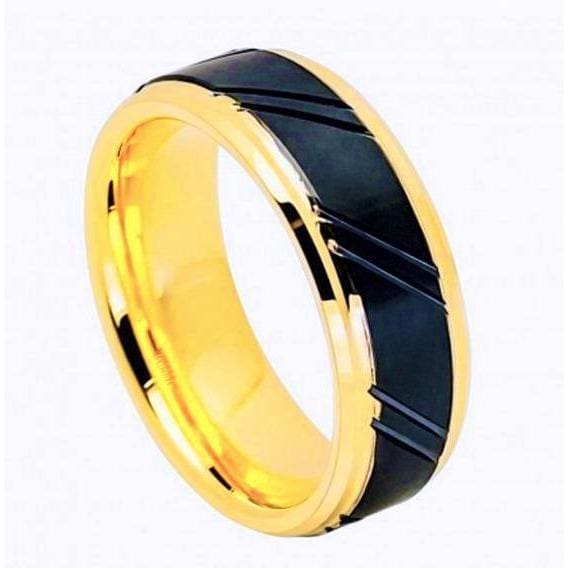 Mens Tungsten Wedding Band Gold Inner Ring Diagonally Grooved Center & Black IP - 8mm