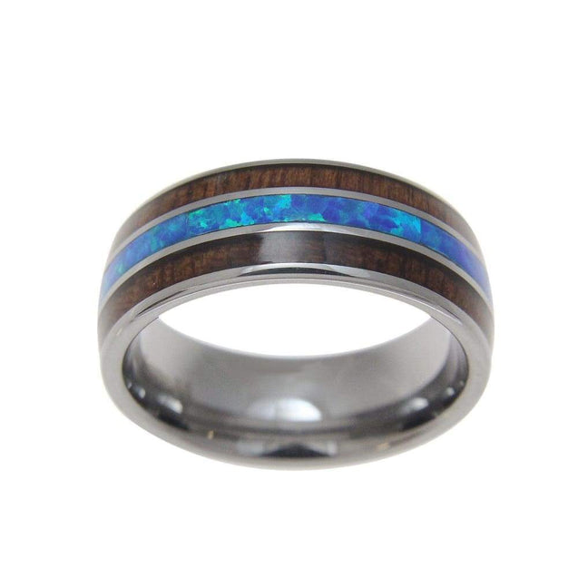 Mens Tungsten Wedding Band Ring Hawaiian Koa Wood Opal Inlay Comfort Fit - 8mm