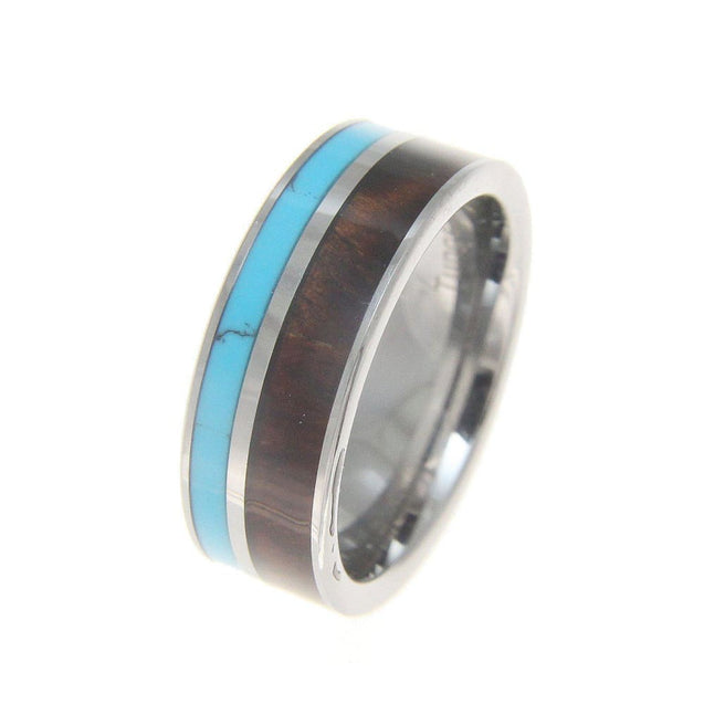 Mens Tungsten Wedding Band Turquoise Hawaiian Koa Wood Comfort Fit Ring - 8mm