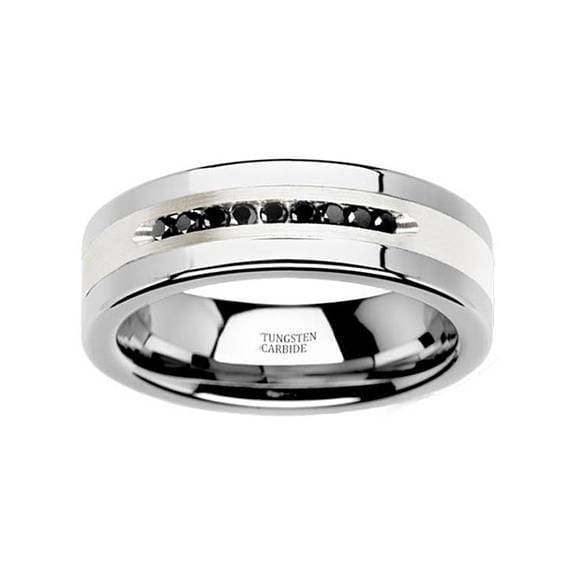 Men’s Tungsten Wedding Band with 9 Channel Set Black Diamonds Silver Inlay - 8mm