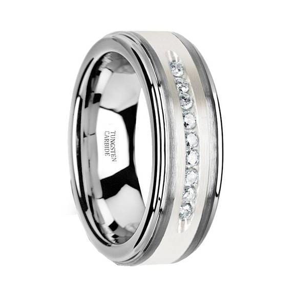 Men’s Tungsten Wedding Band with Brushed Silver Inlay and 9 White Diamonds - 8mm