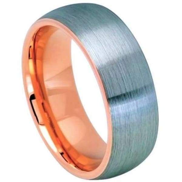 Mens Tungsten Wedding Ring Rose Gold IP Inside & Gun Metal Brushed Center - 8mm