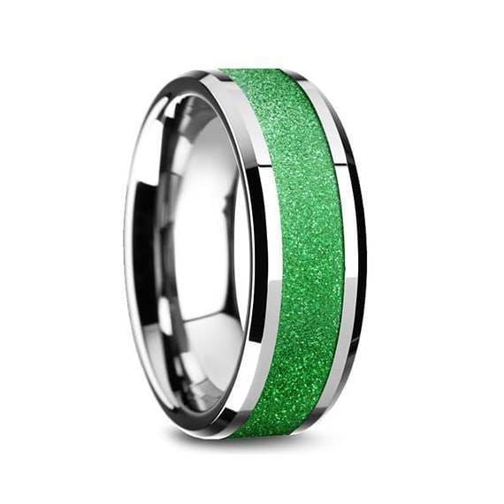 Mens Tungsten Wedding Ring Sparkling Green Inlay Beveled Polished Finish - 8mm