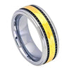 Mens Tungsten Wedding Ring Yellow Gold IP Hammered Center with Black Stripes- 8mm