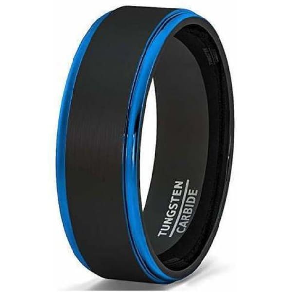 Men’s Two Tone Brushed Black Tungsten Ring With Blue Stepped Edges - 8mm