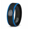 Mens Two Tone Brushed Black Tungsten Wedding Band Finger Print Engraved Blue Step Edge Comfort Fit - 8mm