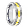 Mens Wedding Tungsten Ring Gun Metal Screw Thread Sides and Yellow Gold Grooved Shiny Center - 8mm