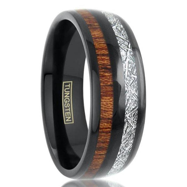 Milan Meteorite Inlaid Black Tungsten Koa Wood Wedding Ring - 8mm