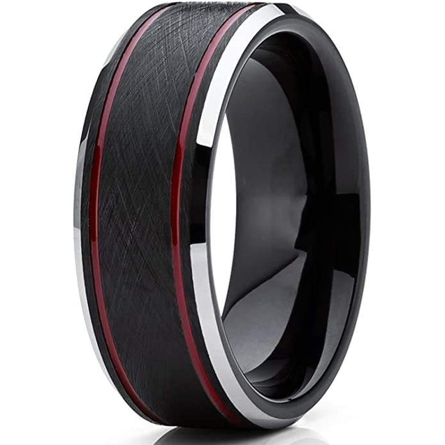 Mobridge Thin Red Grooved Silver Beveled Edges Black Tungsten Ring For Men 8mm