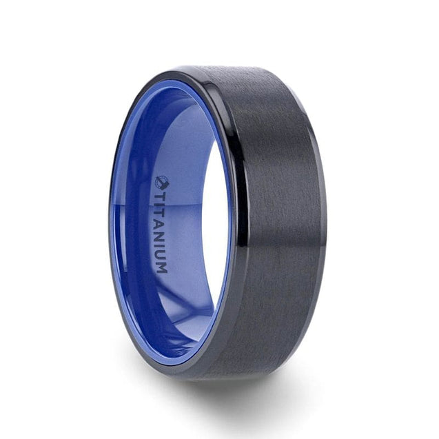 MOSCOW Beveled Black Titanium Ring Brushed Center & Vibrant Blue Inside 8 mm