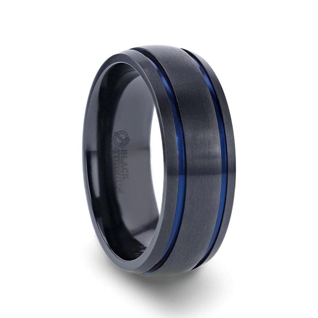 NAMPA Domed Black Titanium Brushed Men’s Wedding Ring With Blue Grooves 8mm