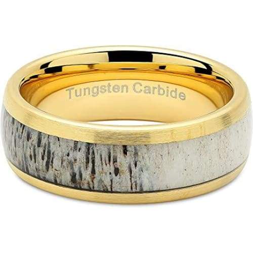 Natick Yellow Gold Inlaid Tungsten CArbide Ring with Deer Antler Inlay - 8mm