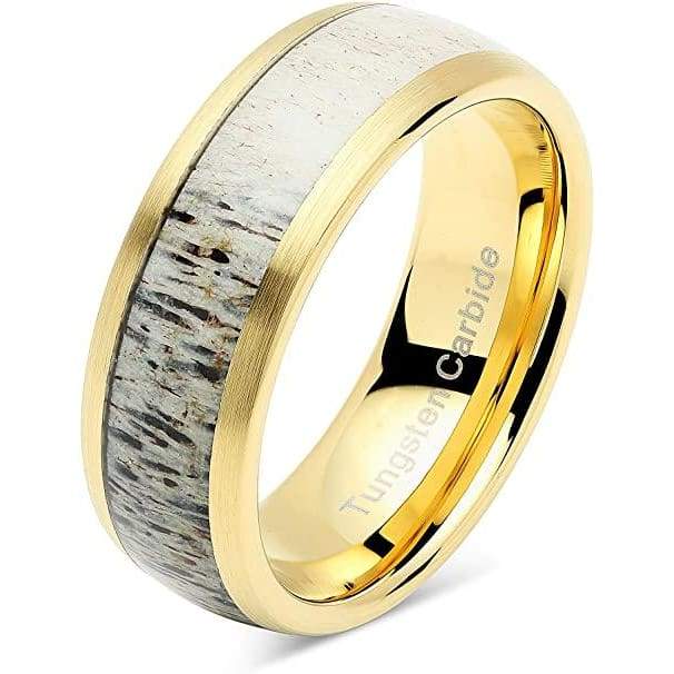 Natick Yellow Gold Inlaid Tungsten CArbide Ring with Deer Antler Inlay - 8mm